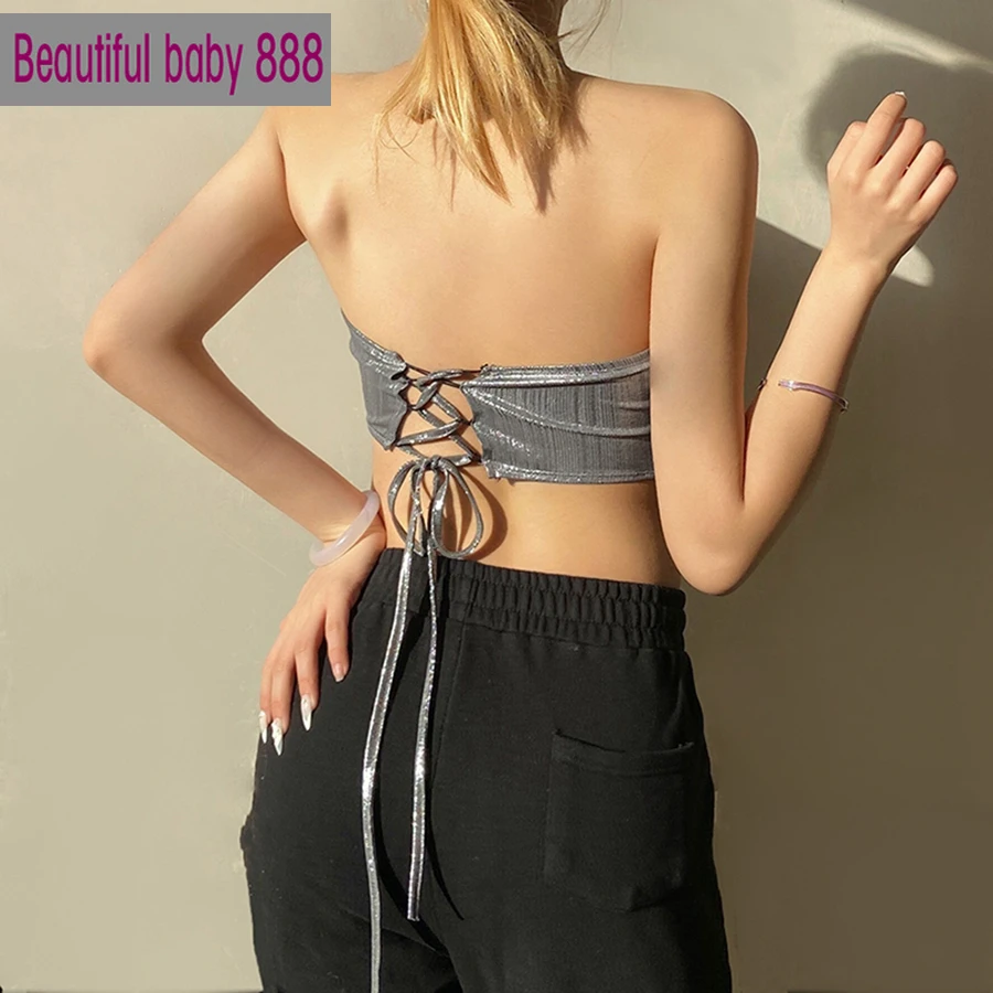 Meqeiss Fashion Sexy Off Shoulder Backless bandage Female Camisole Summer New Casual Party Vacation Beach Slim Shiny Silver Top