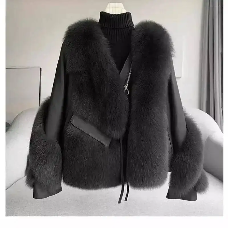 

2025 Autumn Winter All-In-One Women's Fox Fur Spliced Sheepskin Motorcycle Coat Thickened Warm
