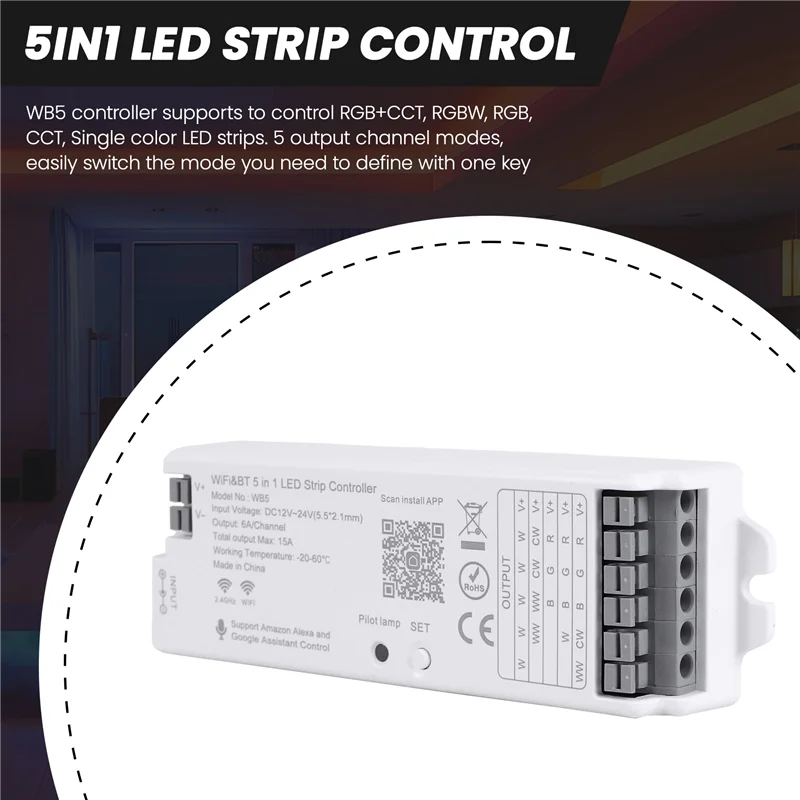 

A20F-WB5 RF Wi-Fi Bluetooth контроллер светодиодных лент RGB CCT RGBW 5в1 с регулируемой яркостью DC12-24V контроллер освещения для приложения Smart Life