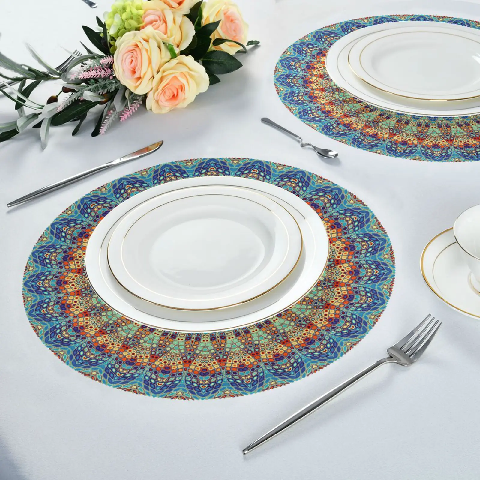 Boho Mandala Pattern Round Placemat Set of 6 Restaurant Dining Table Mat Non-slip Tableware Plate Cup Pad Kitchen Accessories