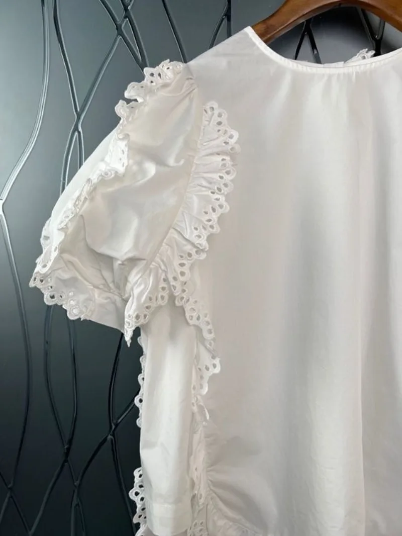 O-neck Puff Short Sleeve White Blouse Shirts Three-dimensional Lace Hollow Out Irregular Top 2024 New Loose Casual Elegant Blusa