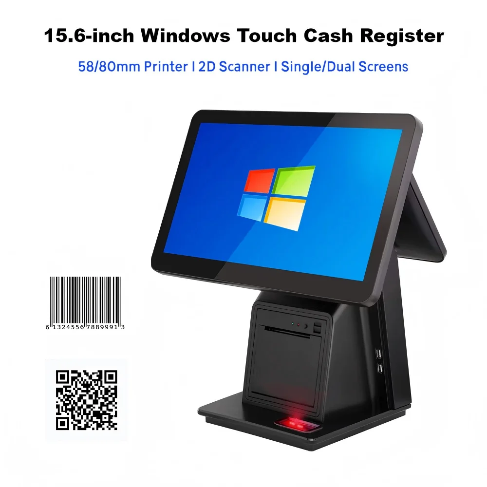 15.6 Inch Windows POS System with 2D Scanner on Cashier Side Product Barcode Scanning POS Terminal Touch Screen Windows 10 ECR