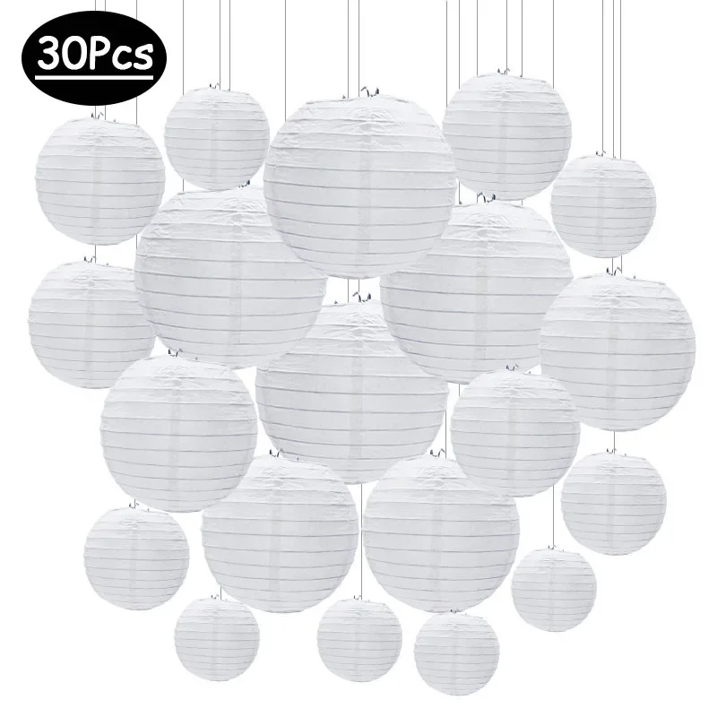 30pcs/lot 4\'\'-12\'\' White Chinese Paper Lanterns Ball Hanging Round Lantern Chinese Paper Ball Lampion For Party Holiday Decor