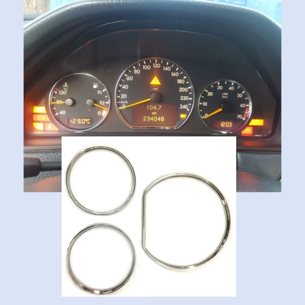 One Set of 3 Pieces Chrome Styling Dashboard Gauge Ring Set for Mercedes Benz W210 2000-2002 / W202 2000-2002