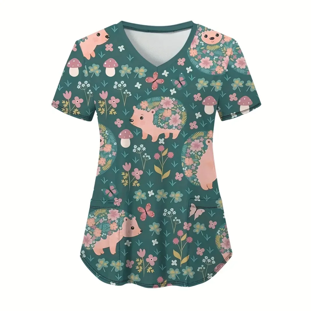 Dierlijke Cartoon Scrubs Uniform Vrouw Leuke Prints Mode Korte Mouw Tops Zomer V-hals met Zak Dierenarts Klinische Uniform Vrouw
