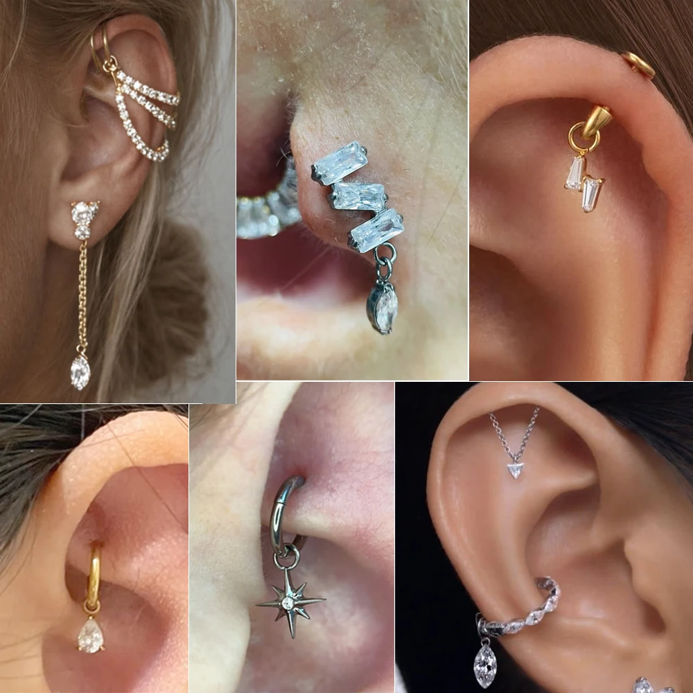 13-1PCS F136 Titan Ohrschmuck mit verschiedenen CZ-Stern-Anhängern für Ohrloben, Hänge- und Huggie-Ohrringe, zierlicher Blumenanhänger mit Kette – Detail 3