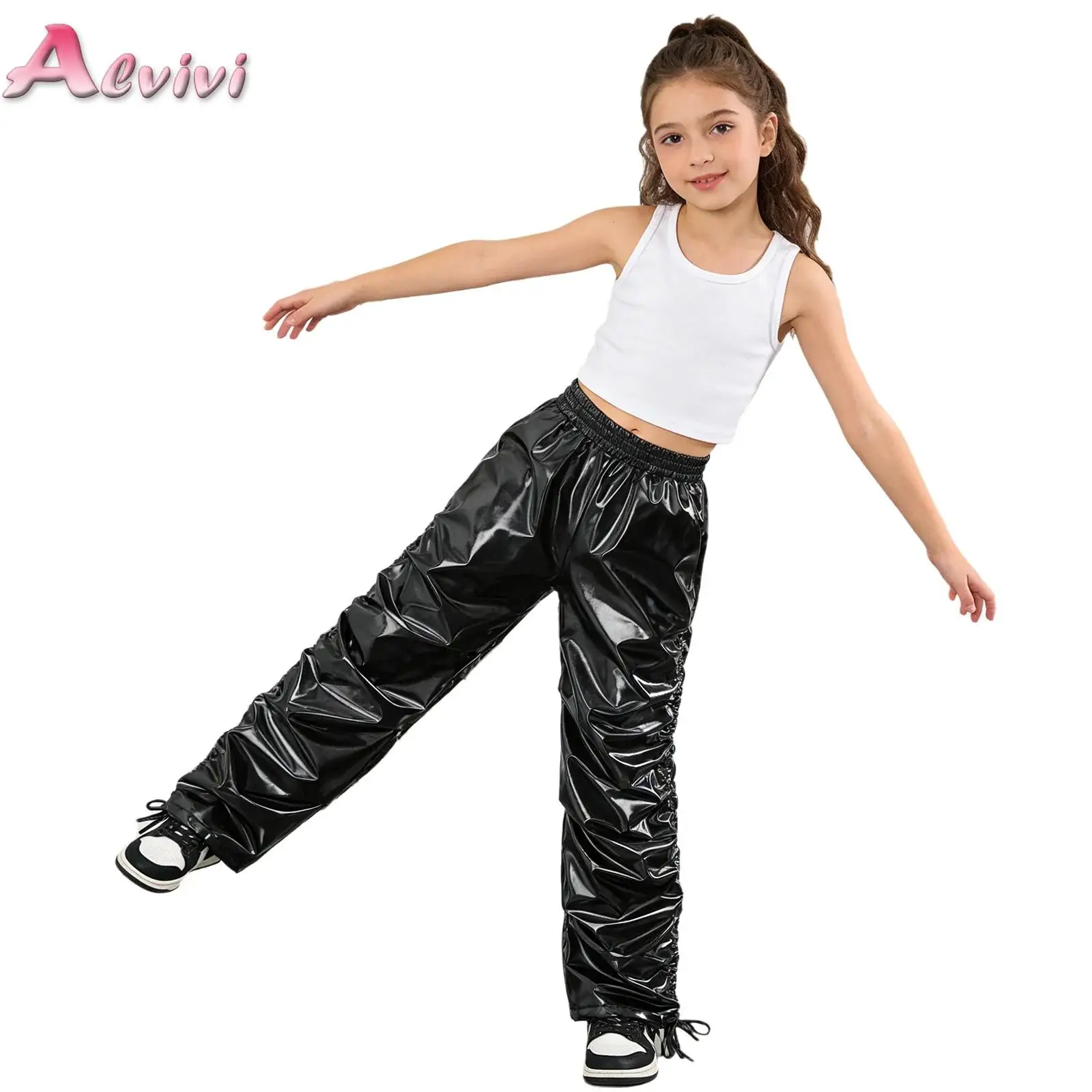 

Kids Boys Girls Drawstring Metallic Pants Jazz Hip-Hop Dance Performance Costumes Elastic Waistband Ruched Straight-leg Trousers