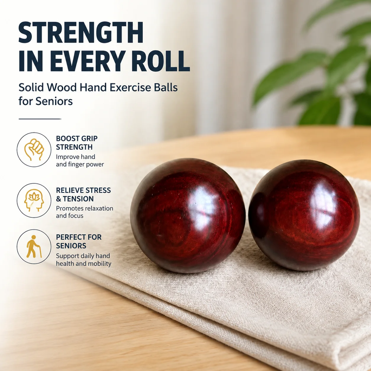 Solid Wood Hand Exercise Balls for Seniors, Chinese Baoding Balls Stress Relief Grip Strength Trainer