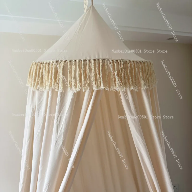 

Балдахин для кровати в скандинавском стиле, кремово-белый, круглый, с кисточками, в богемном стиле, без сверления, для спальни