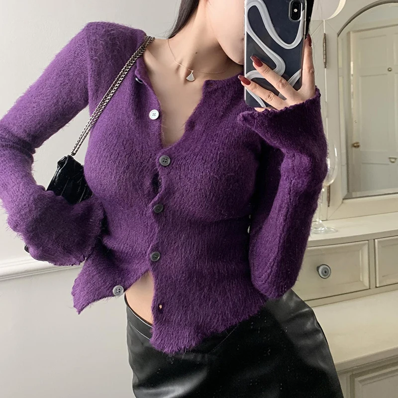 New Imitation Mink Knitted Cardigan Sexy Purple Knitted Tight Irregular Cardigan Long-sleeve Single Breasted Sweater Coat Tops