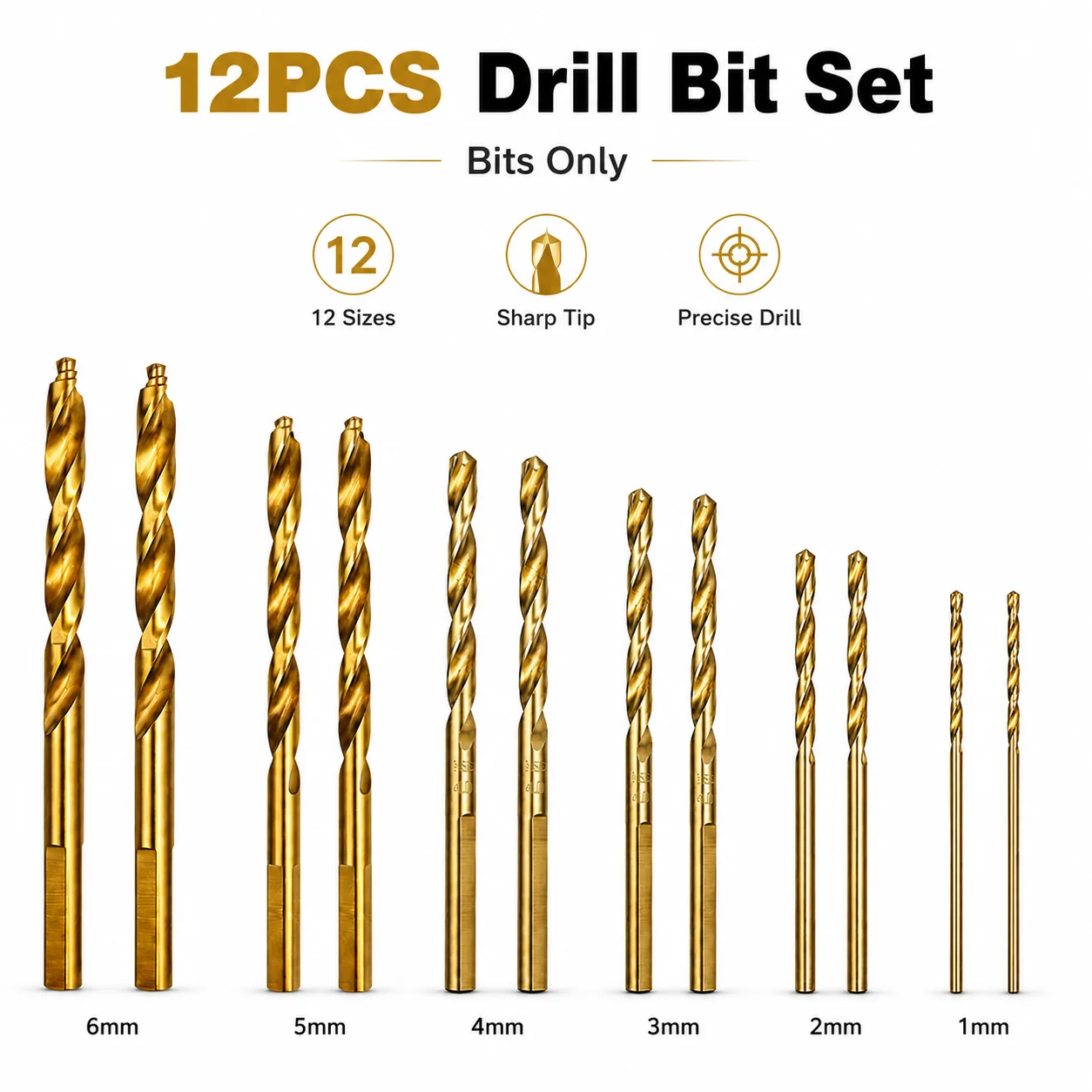 12Pcs Hex Shank Titanium Coated Twist Drill Bit Set 1‑6mm HSS Hole Cutter for Wood Metal Plastic Electric Drill DIY Tool