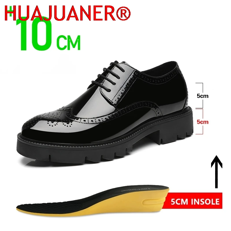 

Luxury Men Brogues Patent Leather Elevator Shoes Man Height Increase Insole 8cm/10cm Black Formal Business Wedding Men Shoes New