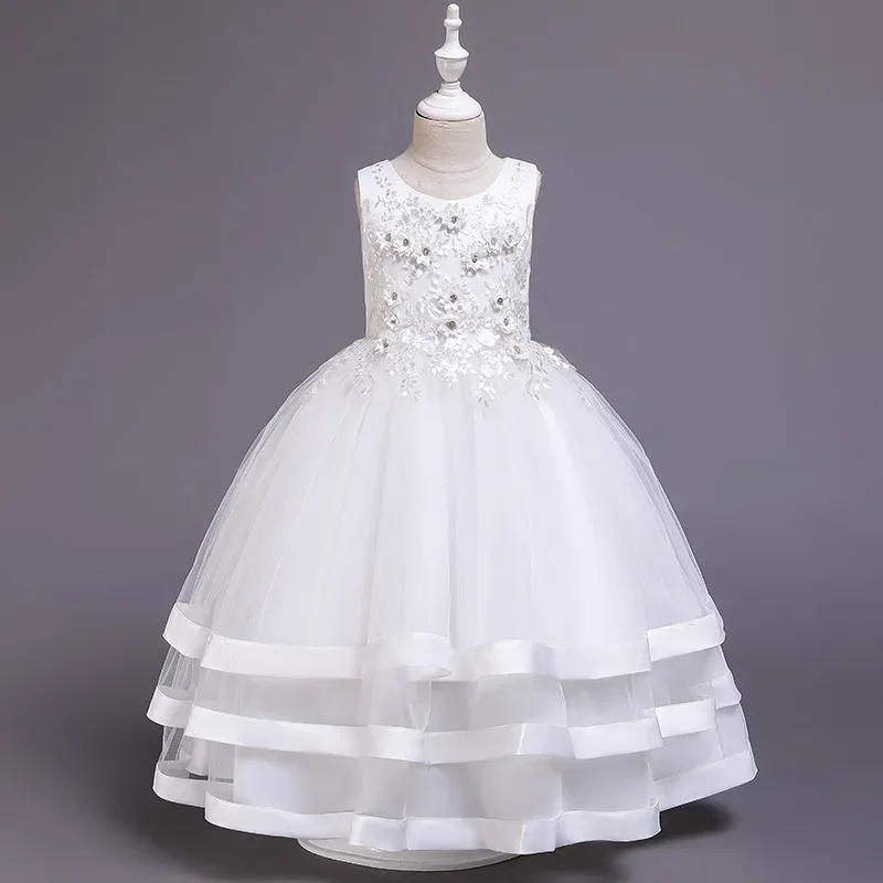 Girls' Dress Handmade Beaded Lace Flower Wedding Dress Princess Girl Hosting Piano Show Performance Dress O-Neck Floor-Length