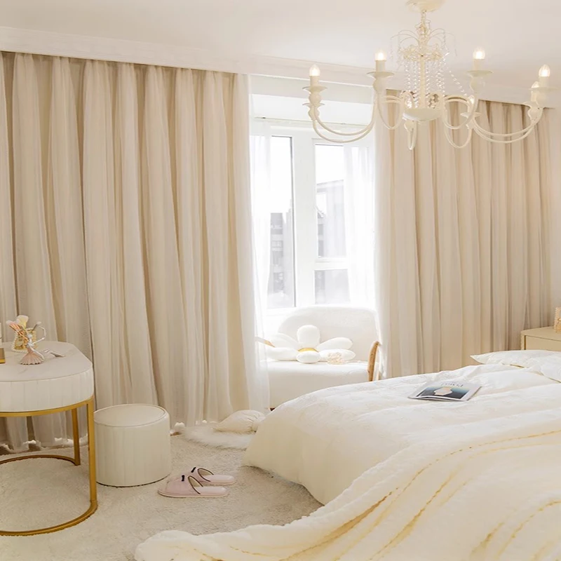 2 Panels Double Layer Curtains, Solid Beige Blackout Curtains with Sheer Tulle, Romantic Tieback Window Drapes for Bedroom French Cream Home Decor
