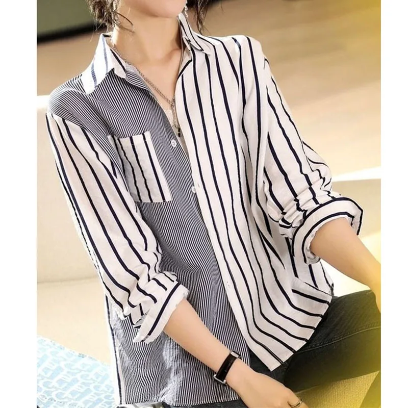 Stylish Asymmetrical Striped Button Shirt Female Spring Summer New Contrasting Colors Spliced Ladies Long Sleeve Pockets Blouse