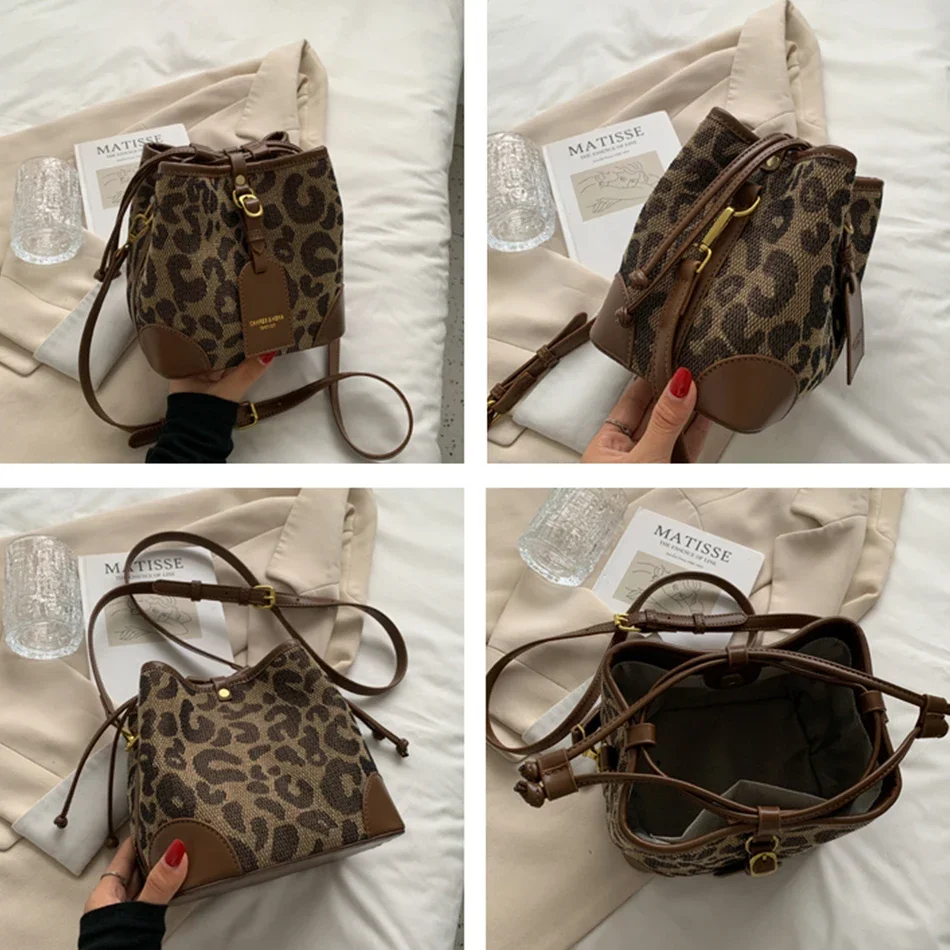 Leopard Small PU Leather Women Bucket Crossbody Bags 2023 Spring Designer Shoulder Bag Luxury Brand Lady Handbag Lady Trend Tote