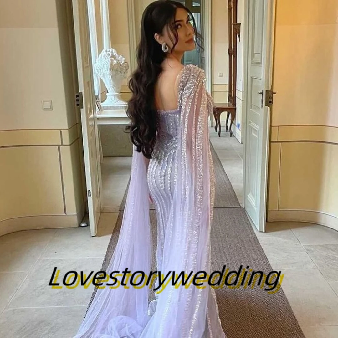 Customized Formal Party Sequins Stripe Prom Dresses Mermaid Long Elegant Dress for Evening Banquet  Flutter Sleeves Vestidos Des