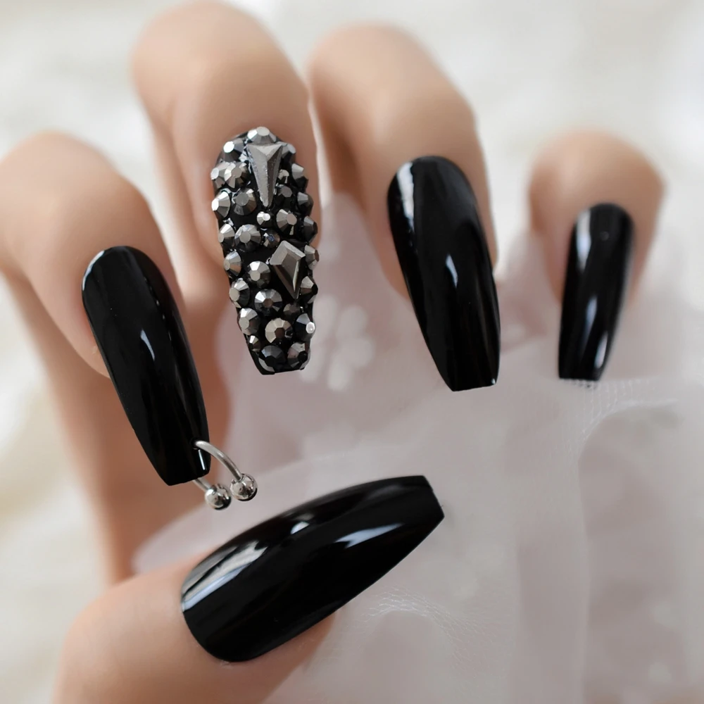 أحجار الراين الفضية الداكنة الأظافر المزيفة أحذية الحصان المعدنية مصممة ABS راقصة الباليه الاصطناعية مسمار الفن نصائح اضافية طويلة نعش أظافر سوداء #6