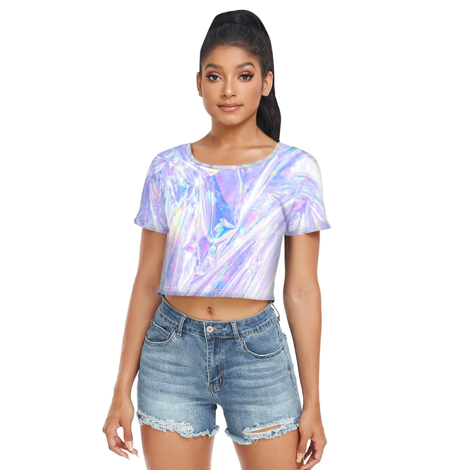 Nuova maglietta corta a maniche corte a vita alta con ombelico aperto, turbolenza olografica, arcobaleno moderno, semplice, girocollo, pullover primavera estate