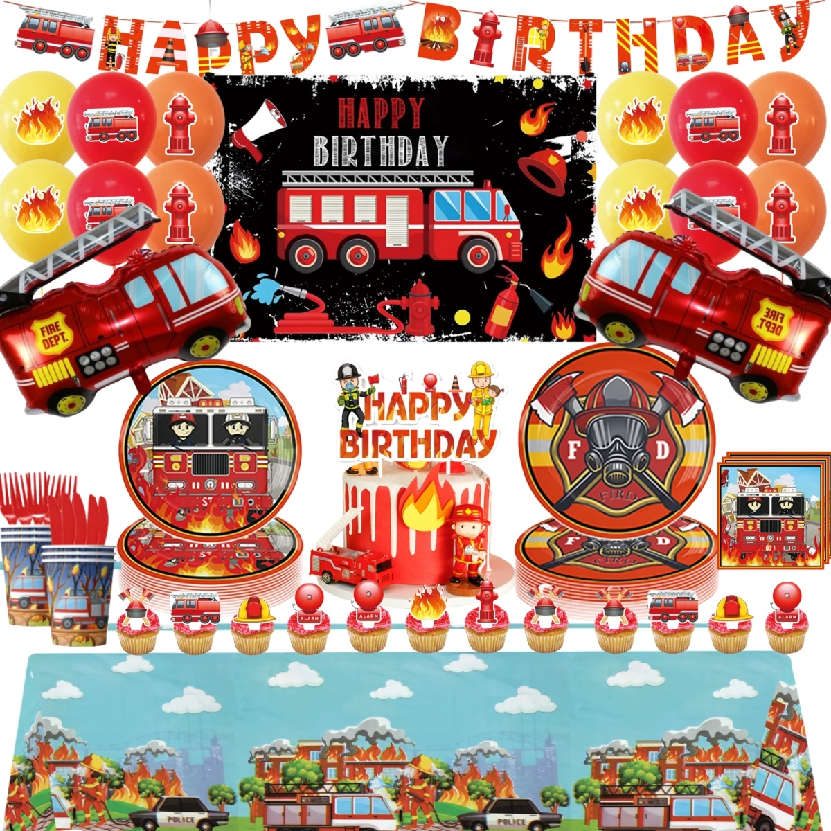 Fireman Fire Truck Birthday Decoration Disposable Tableware Fire Engine Balloon Banner Cake Topper Baby Shower Kid Party Supplie