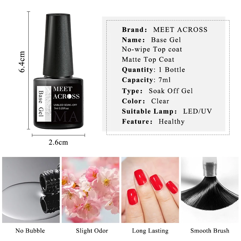 MEET ACROSS 7ml Base No-wipe Matte Top Coat Żelowy lakier do paznokci Długotrwały, funkcjonalny żel UV Vernis Nail Art Manicure Tools Design