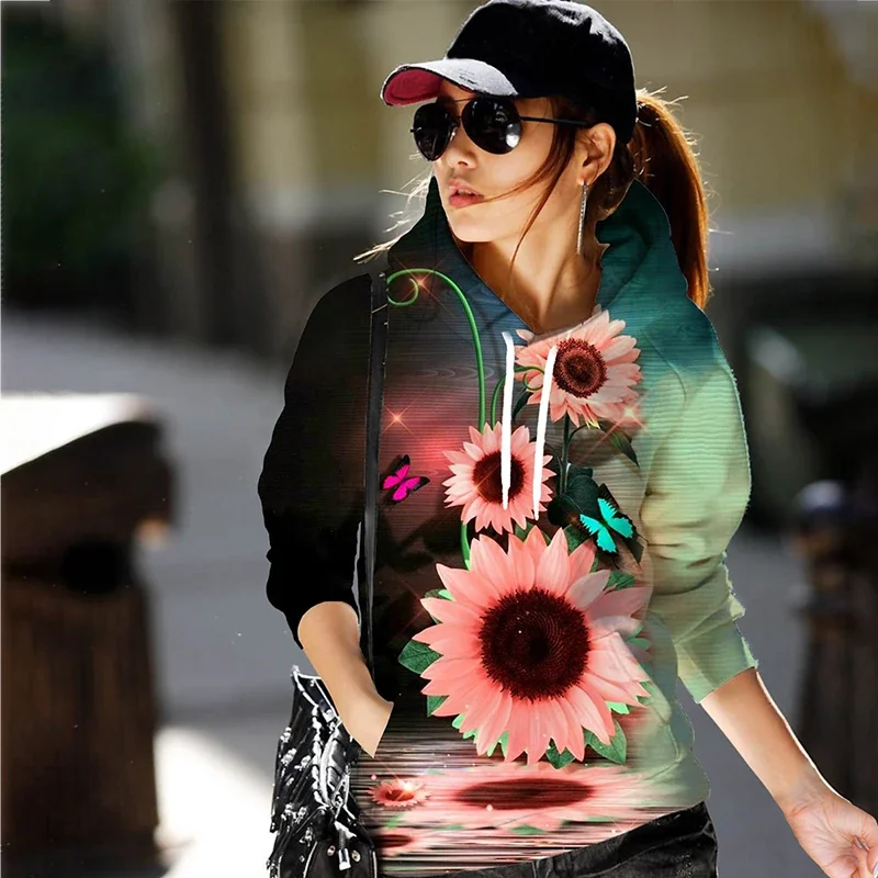 New Autumn Casual Long Sleeve Pockets Sweatshirts Fashion Flower 3D Print Hoodies Women Harajuku Sweatshirts Oversized Pullovers