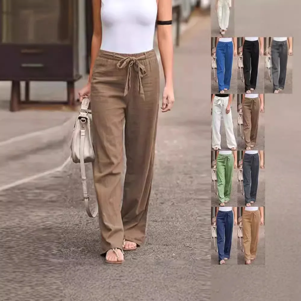 

Women's Loose Wide Leg Cotton Linen Trousers Pure Color Summer Elastic Waist Casual Pants Comfortable Fit Female Clothing