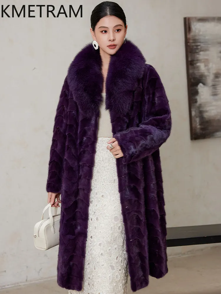 KMETRAM-Chaqueta de piel de visón 100% Natural para mujer, abrigo largo de piel de visón auténtica con cuello de zorro a la moda, ropa de invierno para mujer 2026