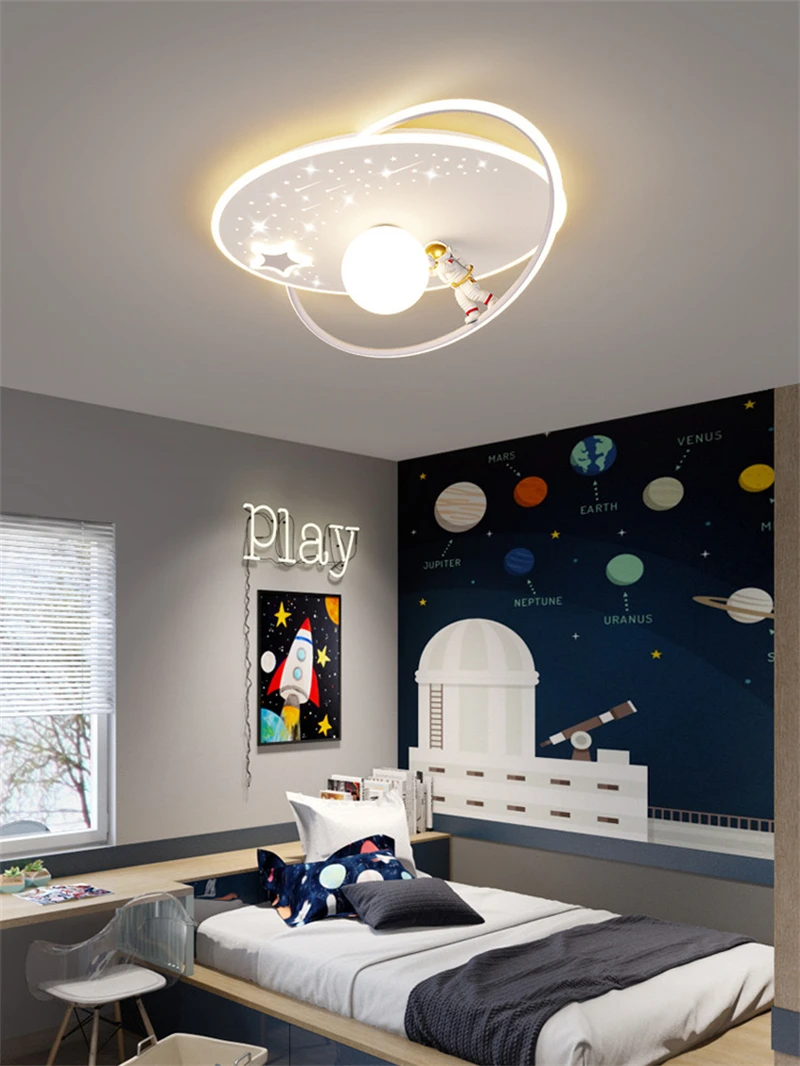 Modern Astronaut Chandelier Lamp Children Boys Room Dimming with Remote Control Spacemen Planets Ceiling Light Room Decor