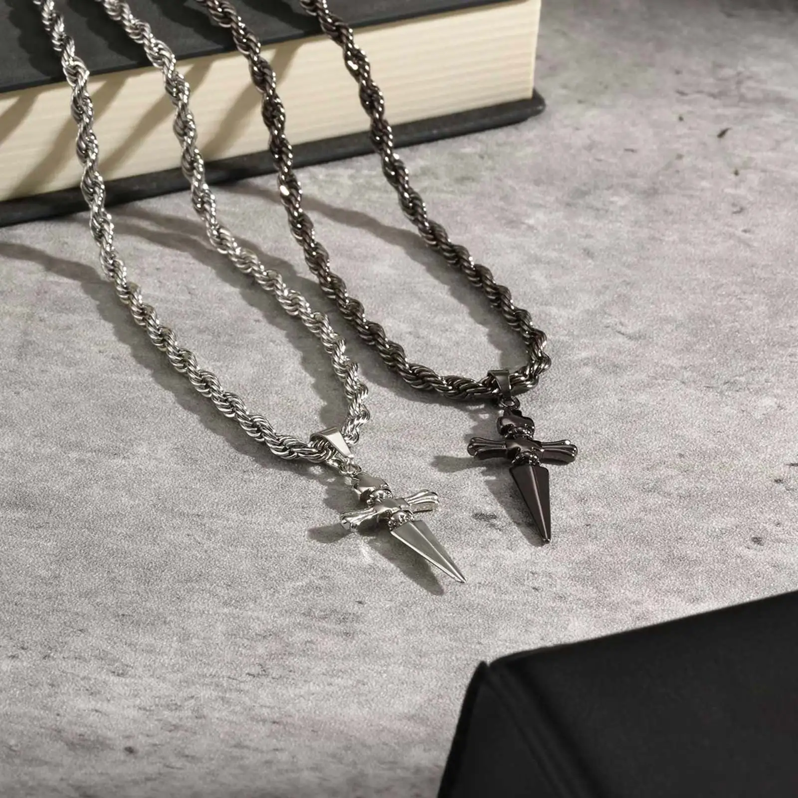 Cool Punk Sword Cross Pendant Necklace for Men Stainless Steel Twist Chain Necklace Fashion Casual Style Jewelry