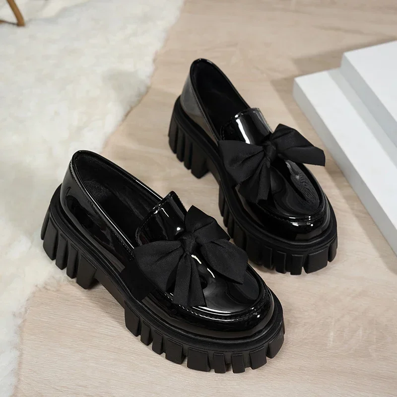 College Style Black Japan School Uniform Shoes Women Big Bowtie Chunky Platform Pumps Woman Thick Bottom Patent Leather Loafers