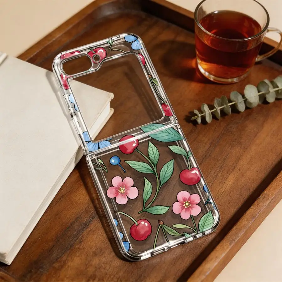 Case for Samsung Galaxy Z Flip 8 Flip5 Flip3 Flip7 FE Flip4 Flip6 Z Flip 7 6 5 4 3 Back Phone Cover Funda Blue Flower Cherry