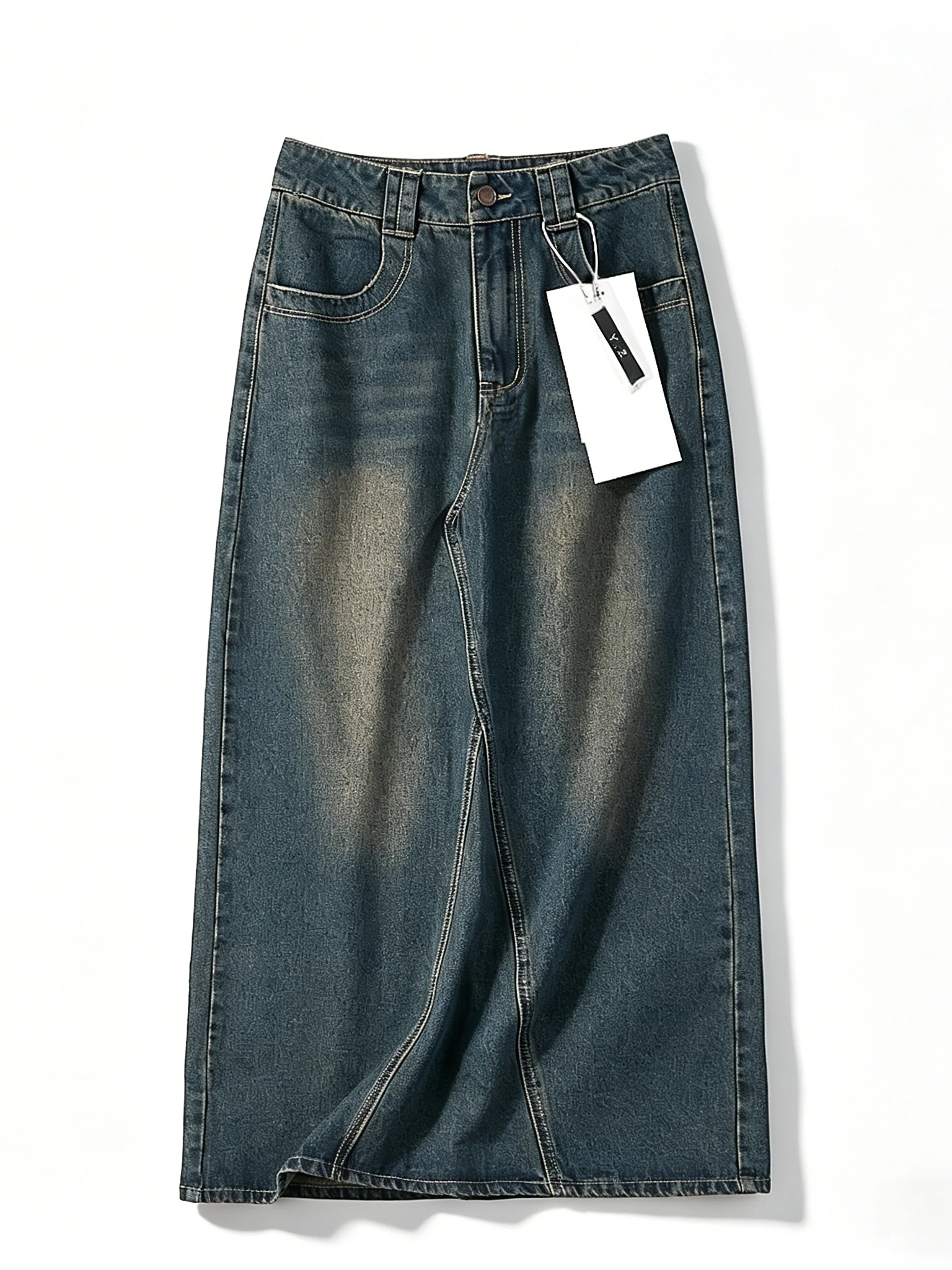 Retro Faded A-Line Denim  Skirt High Waist Slimming Hip Covering Spring Summer Commuter Midi Umbrella Skirt