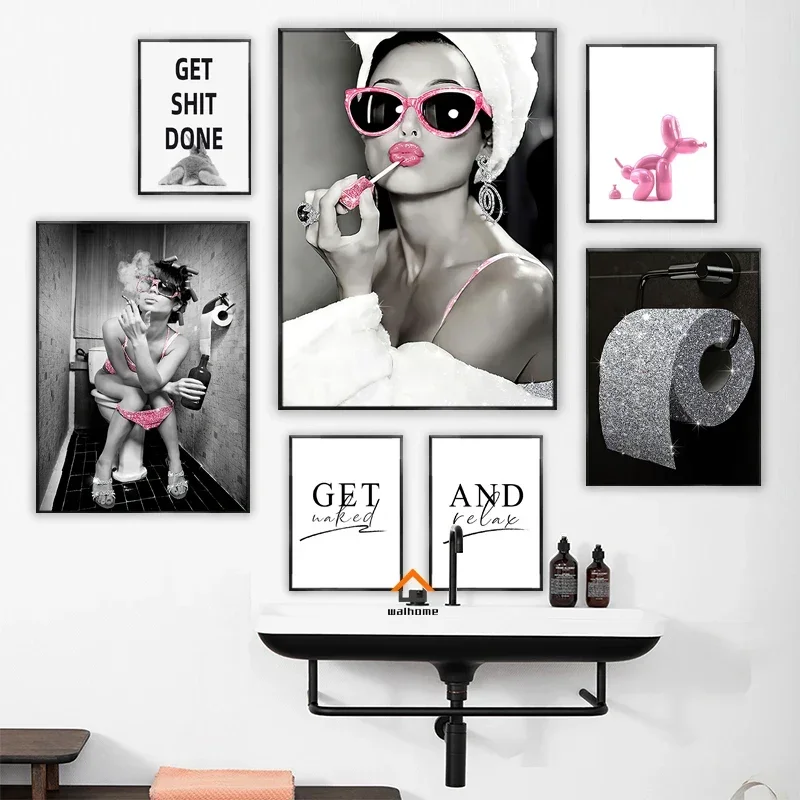 Fashion Luxury Bling Woman Poster Prints Wall Art Pictures Sexy Pink Make Up Lady Canvas Paintings For Bathroom Toilet Decor