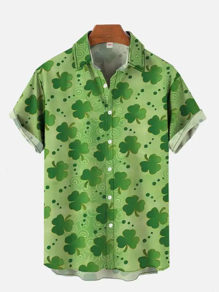 Summer Casual Independent Station Hot Selling Printed Light Green Spliced Clover Short-sleeved Shirt for Vacation At The Seaside