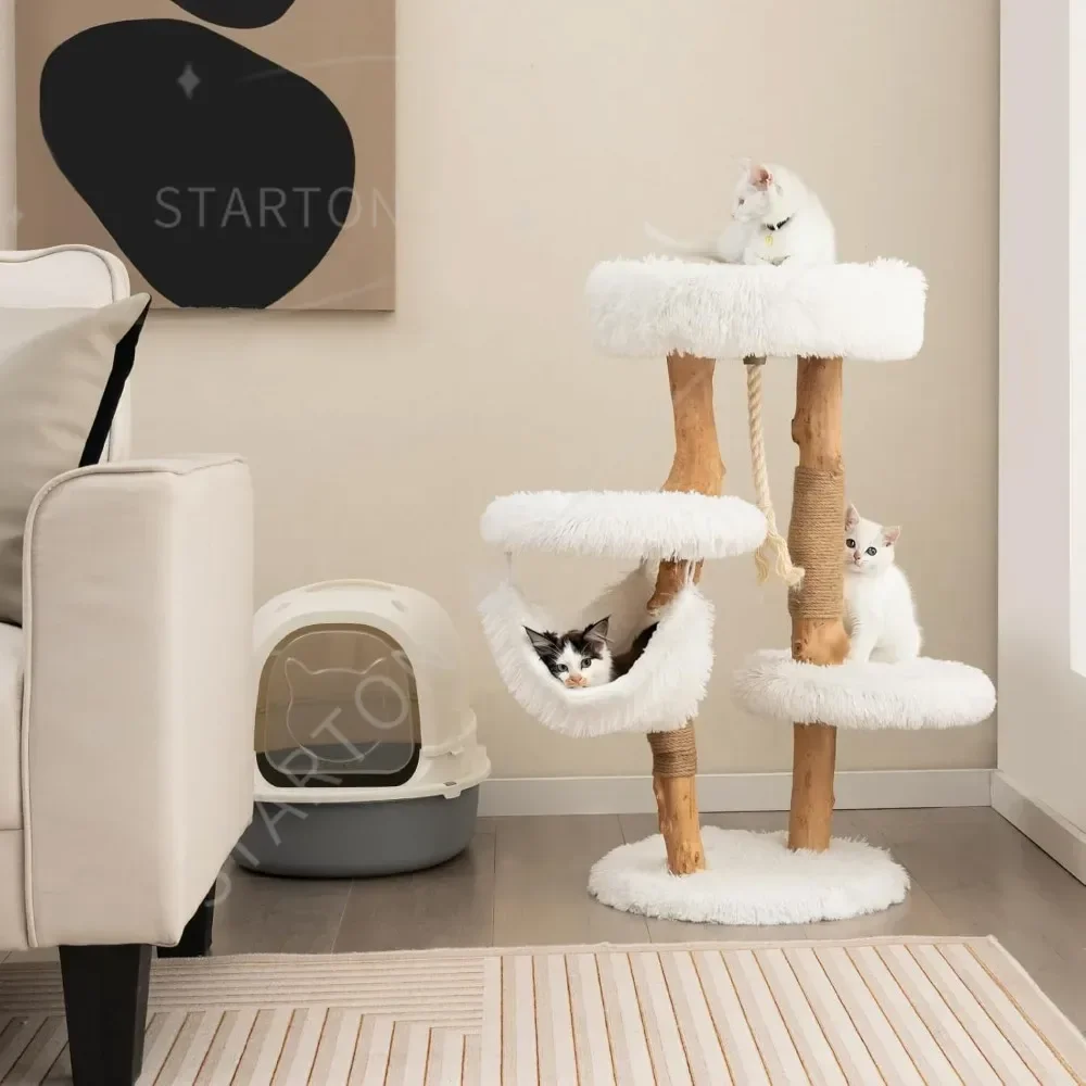 34 inch Wooden Cat Tree, Solid Wood Modern Cat Tower with Jute Scratching Posts, Sisal Rope, Cozy Top Perch