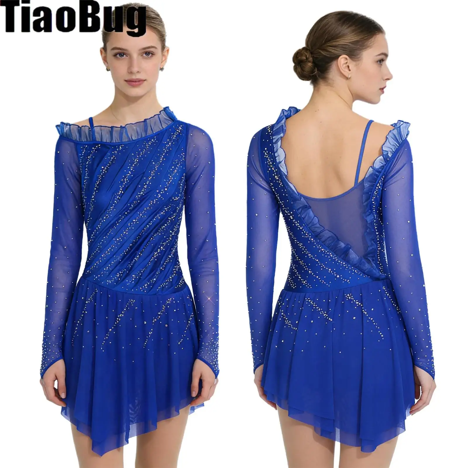 

Women Sheer Mesh Ballet Dress Long Sleeves Finger Holes Asymmetrical Shoulder Ruffles Ruched Shiny Rhinestones Dress