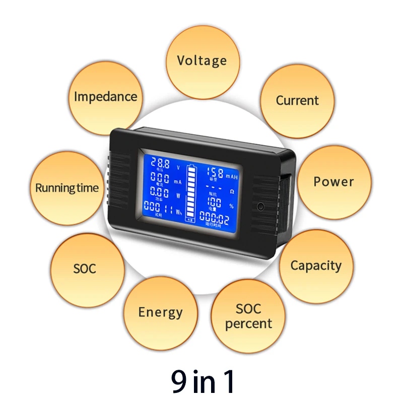 battery tester 9in amp voltimetro corrente potencia energia impedancia capacidade de resistencia monitor soc 0200v 01