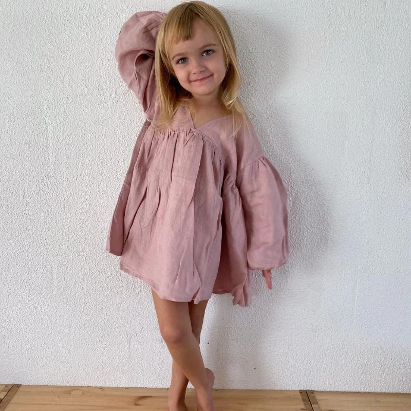 Girls Sweet Bubble Sleeve Linen Dress 2026 Spring New Baby Girl Retro Cotton Linen V-Neck Loose Princess Dresses Kids Clothes