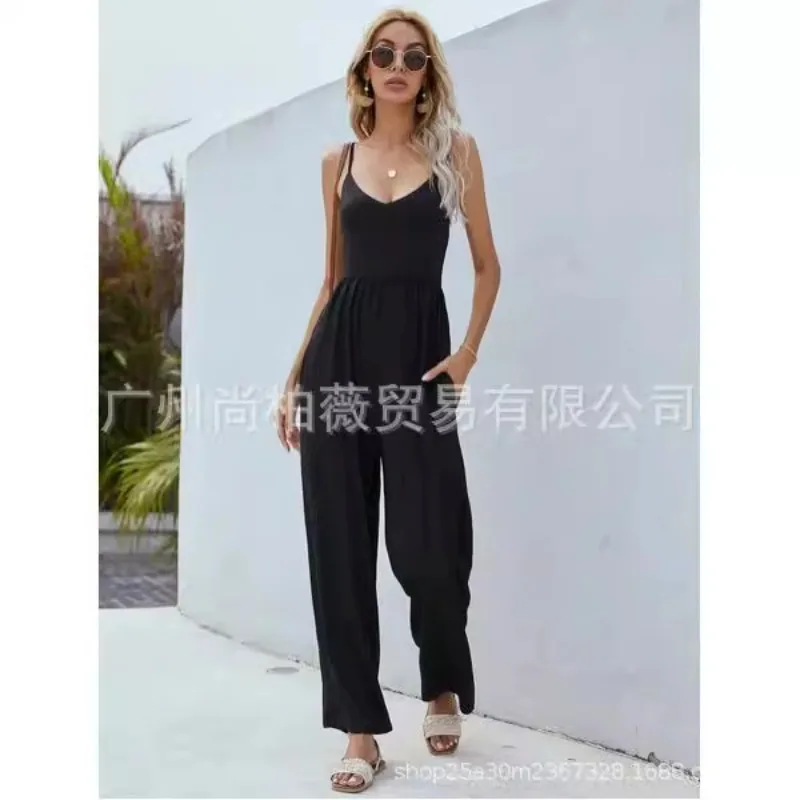 Spring Women's Solid Color Suspender Wide Leg Sexy Jumpsuit Women's Clothing
