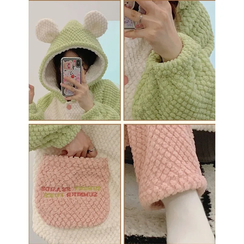 Winter Pajamas Women Coral Fleece Thickened Velvet Nightclothes Suit 2024 New Female Simple Hooded Thermal Flannel Homewear Sets