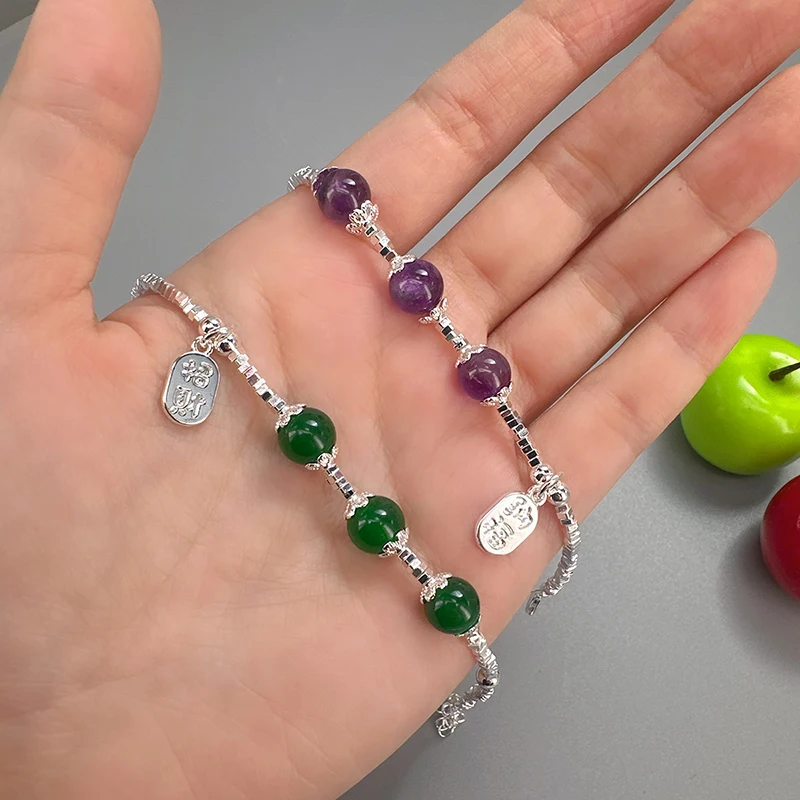 

100% 925 Sterling Silver Natural Amethyst Chalcedony DIY Beads Wealth Attraction Lucky Luxury Bracelet For Women Birthday Gift