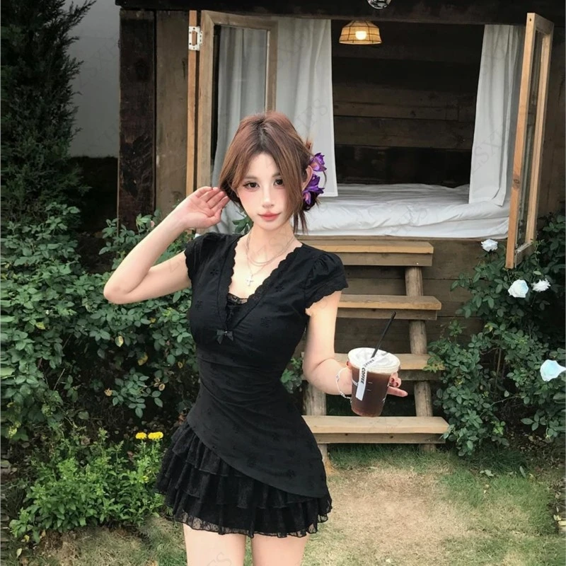 Vestido sexy suave subcultura 2000s verão coreia harajuku estética femme roupas femininas cintura fina renda vestido em camadas