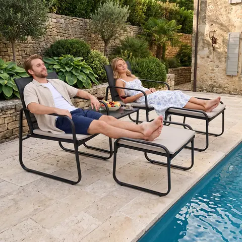Outdoor Relaxing Lounge Seating Collection, Breathable Textilene Fabric Chairs With Footstools & Coffee Table, Sturdy Black Metal Frame, Waterproof & Sun‑Proof Patio Conversation Furniture, 5‑Pieces For Garden, Terrace, Pool Deck, Backyard