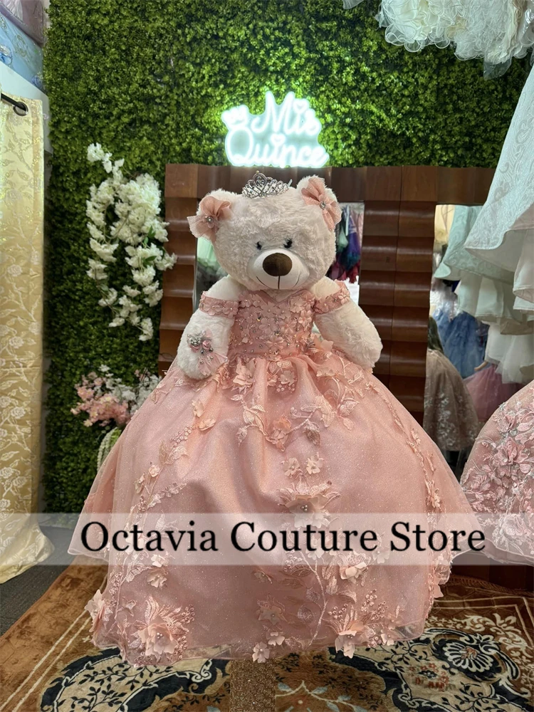 

Pink Off Shoulder Special Link For Personalized Quinceanera Teddy Bear Dresses Bead Appliques Quince Gift 3D Flower Customzied