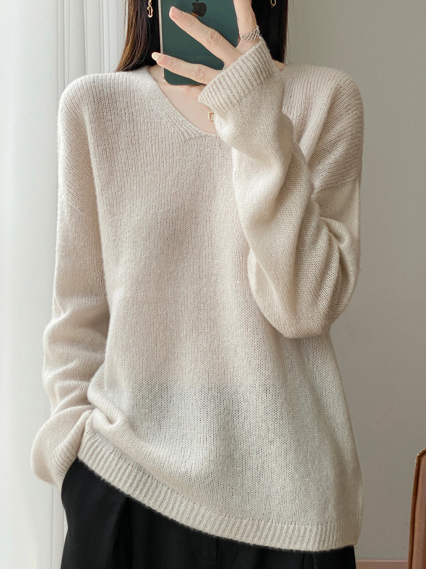 

Базовый однотонный осенне-зимний женский свитер с v-образным вырезом, женский вязаный пуловер из мериносовой шерсти, женская одежда с длинными рукавами, свободный джемпер