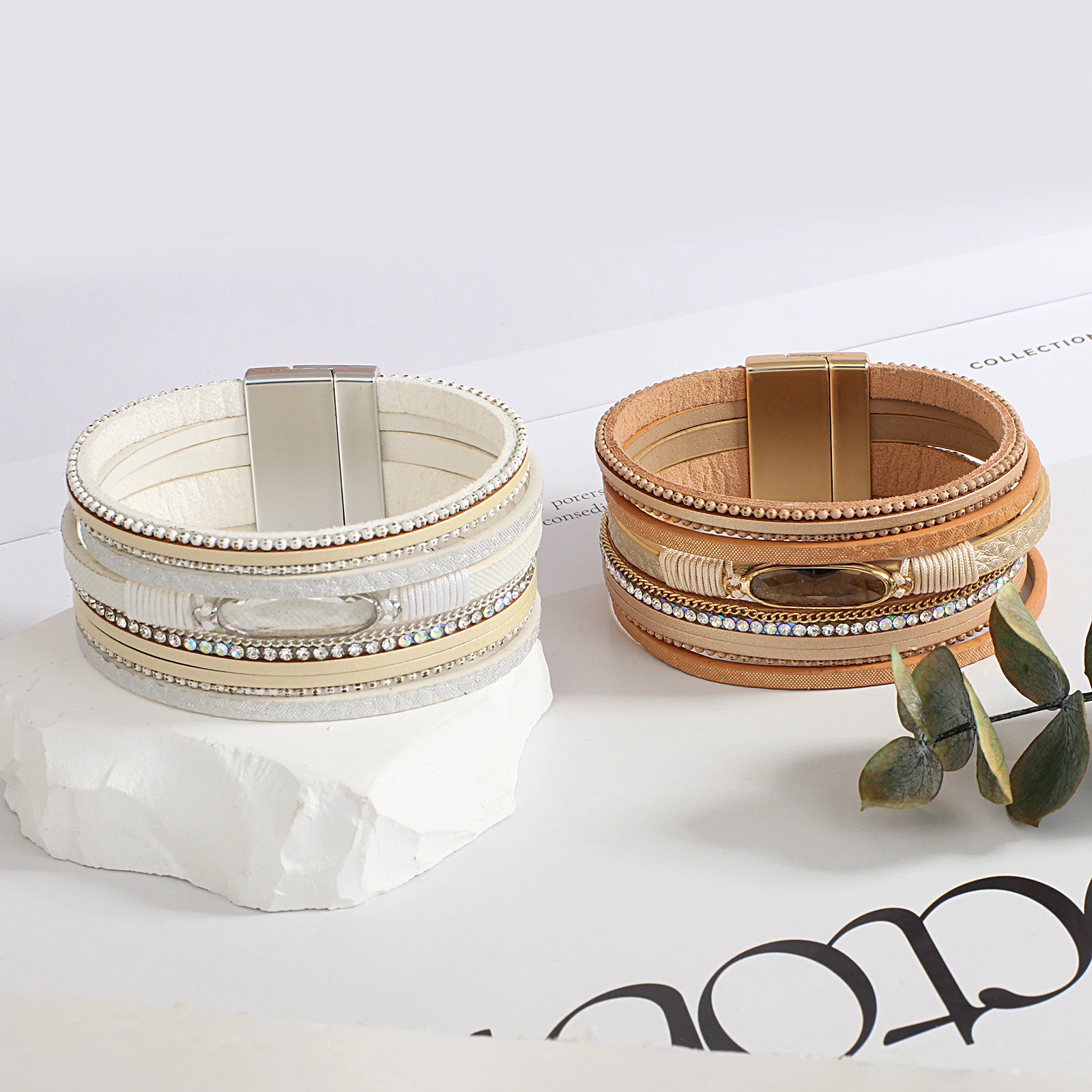 

Amorcome 3 Styles Multilayer Rhinestone Leather Bracelet for Women Retro Magnetic Buckle Wide Bangle Wristband Jewelry Accessory