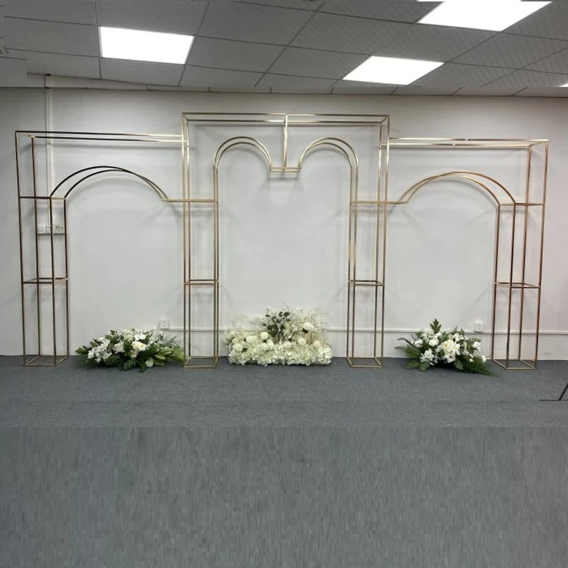 3-teiliges, glänzend vergoldetes 2,2 m langes quadratisches Hintergrundregal, geometrischer Blumenbogen für Hochzeiten, Türständer, künstliche Floristenbedarf. – Detail 21