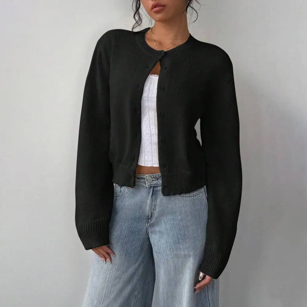 Spring Autumn Sweater Round Neck Knit Sweater, Solid Color Button-Up Cardigan for Fall Winter, Casual Long Sleeve Short Knit Top