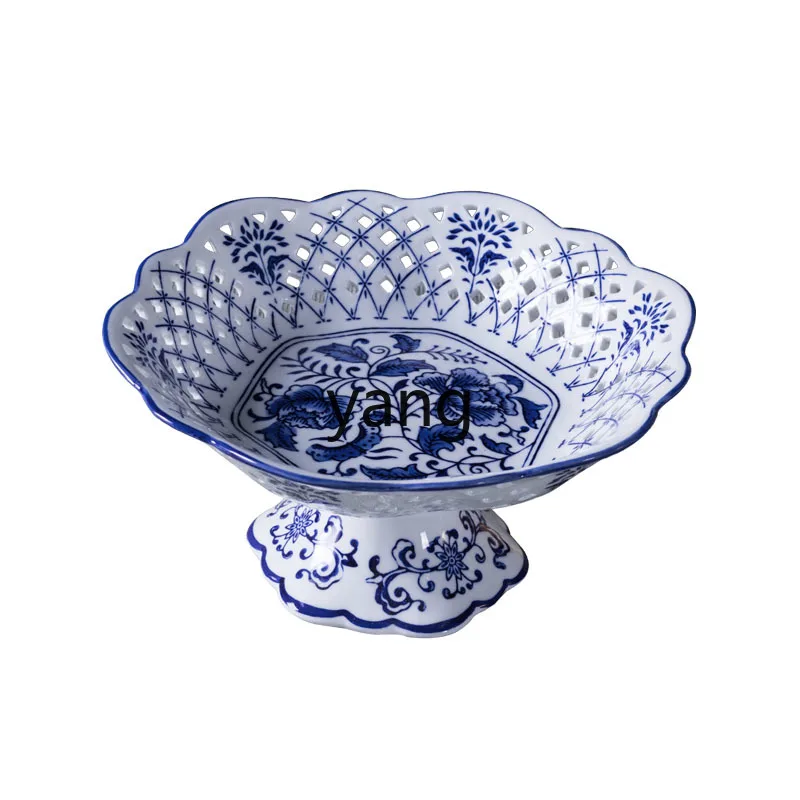 

Yjq Blue and White Porcelain Tribute Fruit Plate Household Large Living Room Chinese High Foot Hollow Snack Fruit Plate